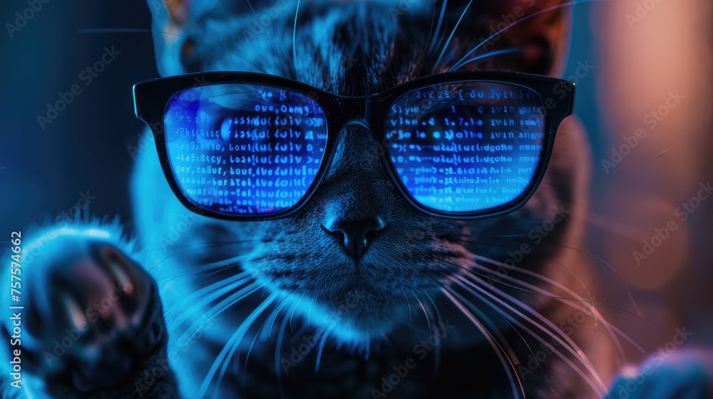 Funny hacker cat works at computer in dark room, cyber data reflected in glasses. Concept of spy, ransomware, technology, hack, animal, humor, scam, crime
