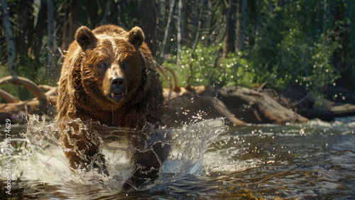 Brown bear runs in water during hunting for salmon in mountain river in summer, wild grizzly animal on green trees background. Concept of wildlife, fish, food, national park