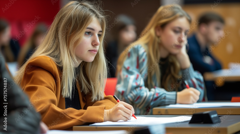 Students taking a written exam. Close-up of a girl who is thinking about the answer. Students taking a written exam. Close-up of a girl who is thinking about the answer.