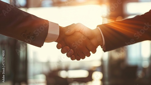 Sealing the Deal: Business Professionals Handshake in Bright Office Signifying Successful Negotiation