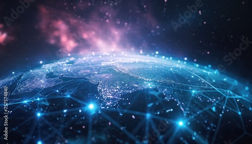 Holographic planet Earth from space view with shining roots connection Decentralization in Web3 concept