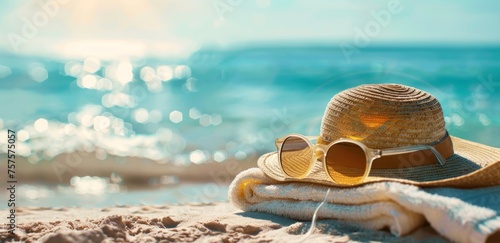 Sunglasses, towel and beach hat on the blurred background of sea in sunny day. travel concept. banner with copy space area Generative AI