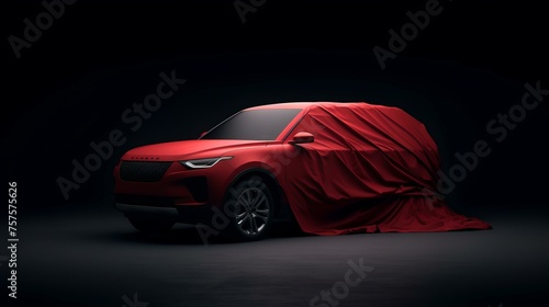 SUV Car Covered with Red Cloth on a Black Background

