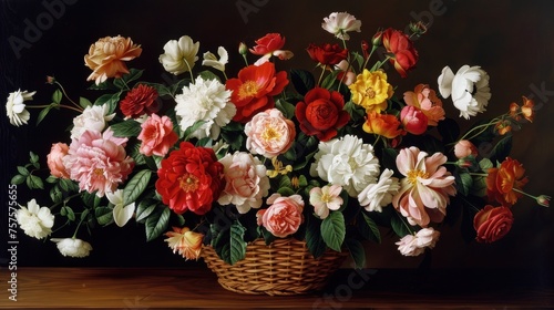 a basket filled with lots of flowers sitting on top of a wooden table in front of a black back wall.