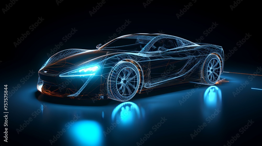 Wireframe of Sports Car in Dark Environment 3D

