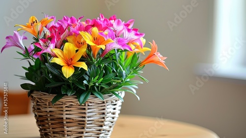 a wicker basket filled with colorful flowers on top of a wooden table with a window in the back ground. photo