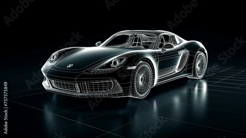 Wireframe of Sports Car in Dark Environment 3D  