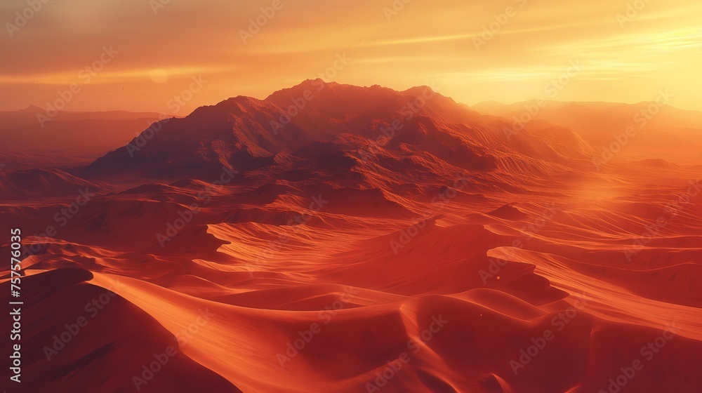 Majestic Sunset Over Desert Dunes With Rugged Mountain Silhouette