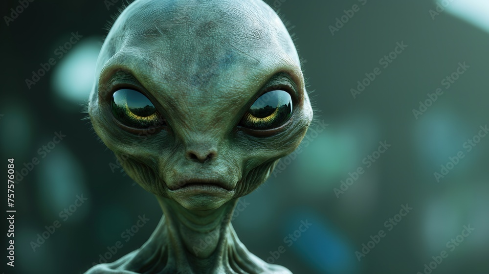 Close-Up Portrait of a Realistic Alien Character With Large Eyes and Grey Skin