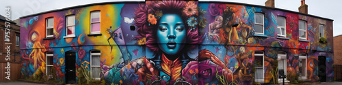 Lose yourself in the vibrant world of a bold street art mural painted on a city wall.