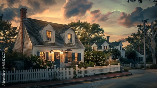 Charming Suburban Home Exterior at Dusk with White Picket Fence