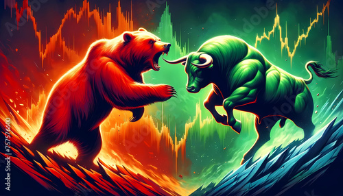 Battle between a red bear and a green bull, indicating a bull versus bear market.