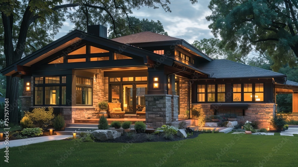Elegant Modern Home Exterior Illuminated at Dusk, Surrounded by Lush Greenery Elegant Modern Home Exterior Illuminated at Dusk, Surrounded by Lush Greenery