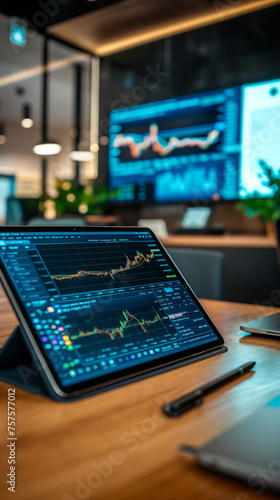 Create a picture for me where we are in a modern finance office with a large wooden table. On the table there is a switched-on laptop with stock charts on it and next to it a Samsung tablet