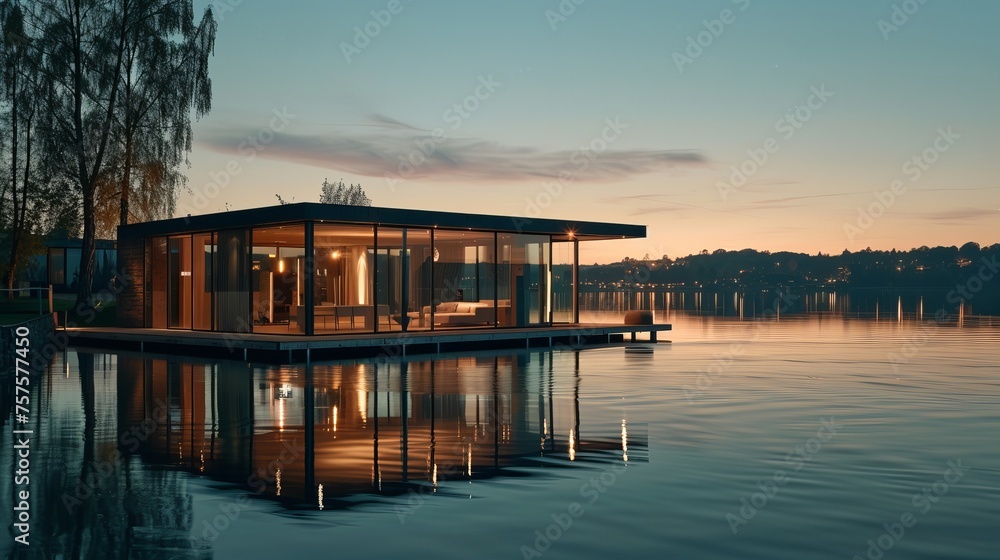 Luxurious Waterfront Home Exterior at Dusk with Reflective Tranquility Luxurious Waterfront Home Exterior at Dusk with Reflective Tranquility