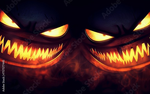 Two monsters with burning toothy mouths and eyes. A pair of fiery aggressive demons. Cartoon characters. Illustration for cover, card, poster, brochure or presentation.