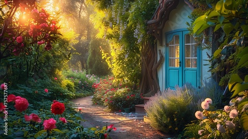 Enchanting Morning Light on a Floral Path Leading to a Cozy House Exterior with a Turquoise Door