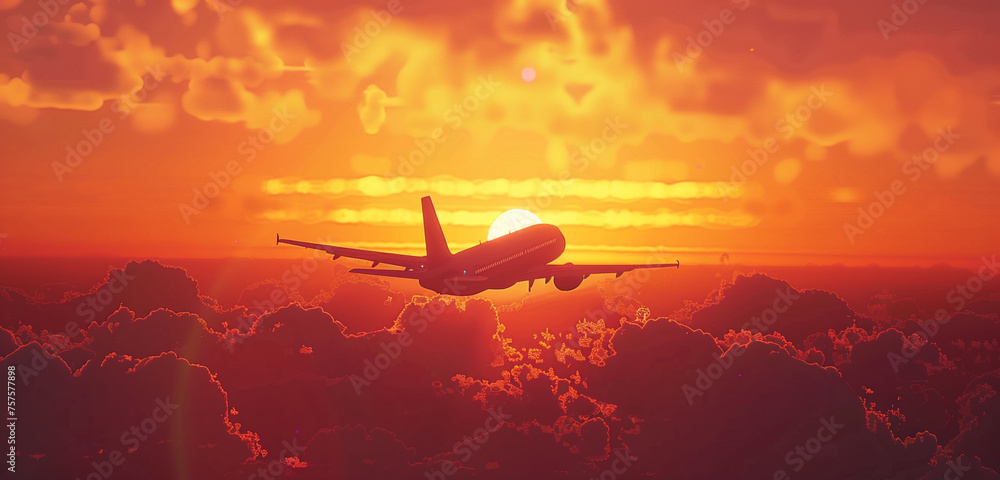Airliner gracefully climbing in the warm hues of a sunrise, with the silhouette against a colorful sky, epitomizing the beauty of departure. - obrazy, fototapety, plakaty 