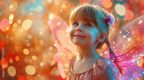 small beautiful cheerful girl with magic wings in a shiny dress dances on a blurred color background, fairy, child, kid, childhood, dream, portrait, carnival, masquerade, holiday, party