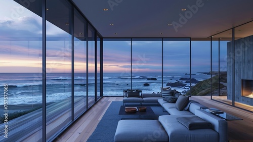 Luxurious Oceanfront Living Room with Panoramic Sunset Views © Arslan