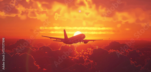 Airliner gracefully climbing in the warm hues of a sunrise, with the silhouette against a colorful sky, epitomizing the beauty of departure. photo