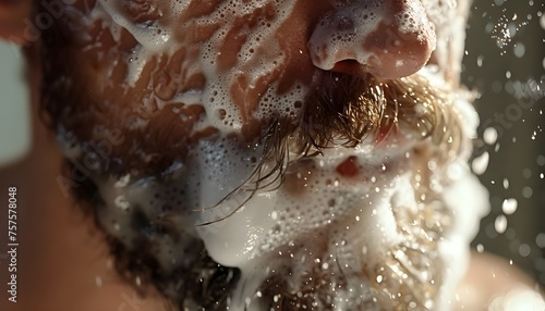 Close-up of a man's beard with shaving foam, about to shave