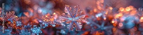 Intricate Snowflake Illuminated by Colorful Light in a Whimsical Atmosphere