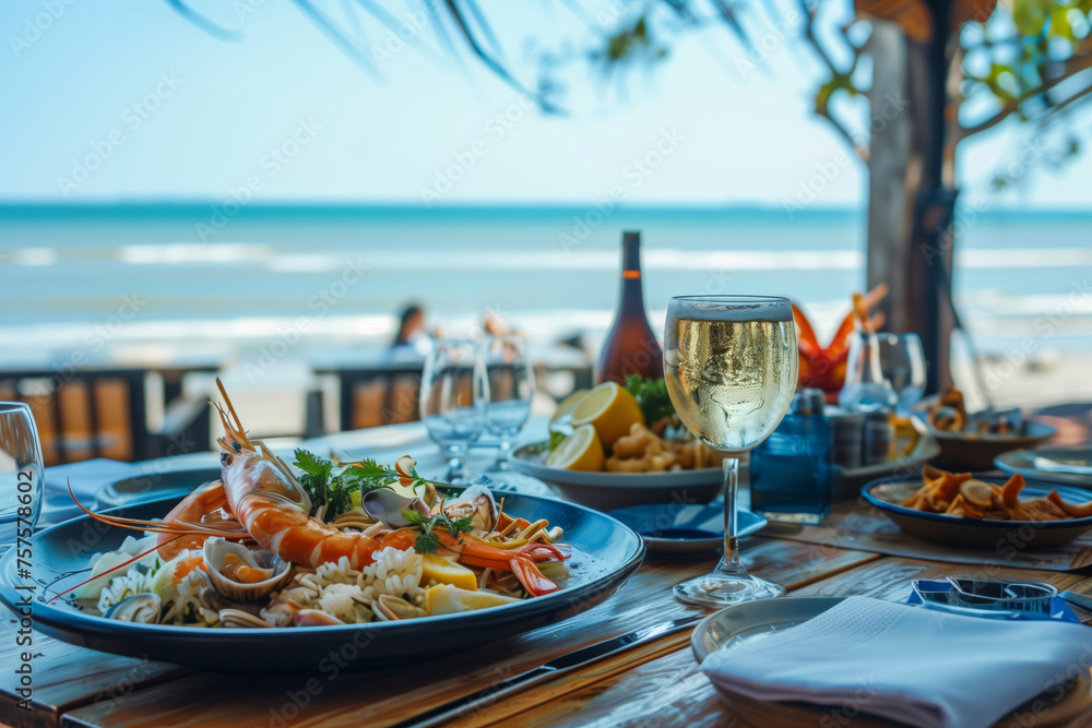 Gourmet seafood meal with a glass of white wine served at a beachside restaurant