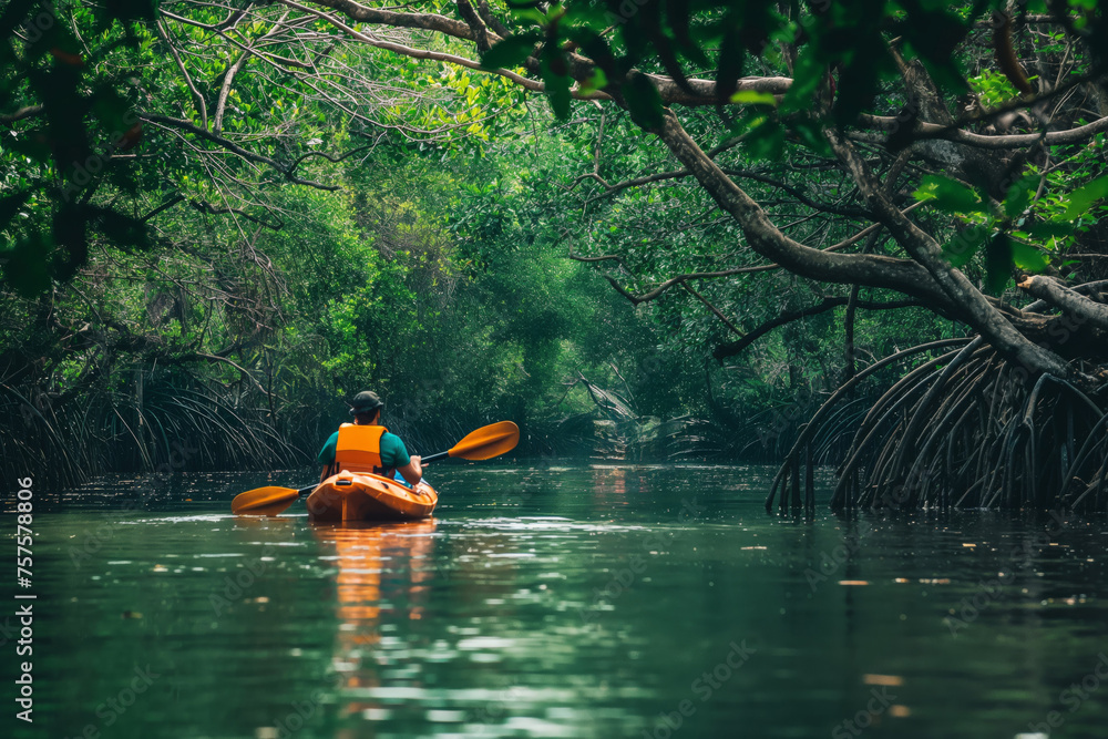 Two people on a tranquil kayak trip amidst the lush mangroves