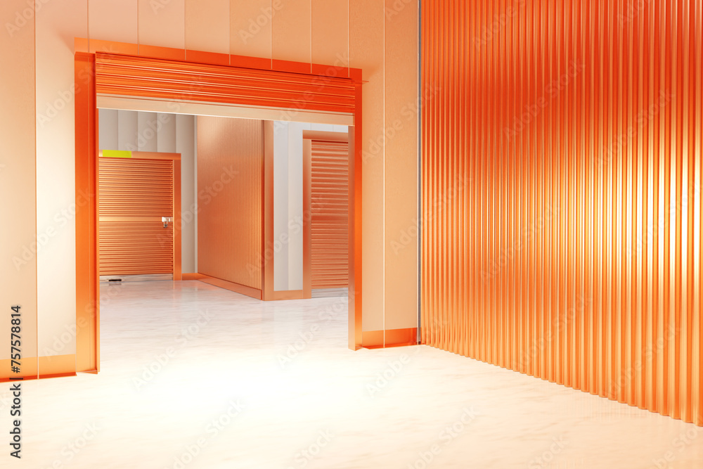 Fototapeta premium Minimalist Interior Design with Vibrant Orange Metal Wall Panels and Sleek Architecture 3d image