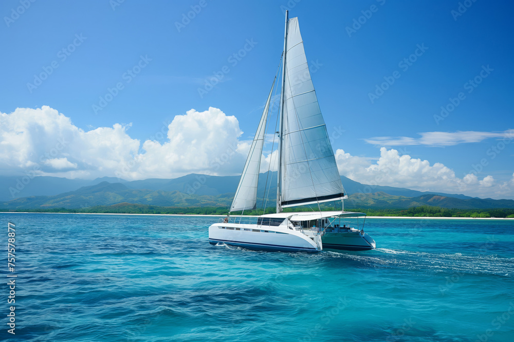 Elegant catamaran sails on crystal-clear waters with lush mountains in the distance