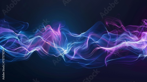 Floating, iridescent smoke waves on a mystical, dark background, illuminated by ethereal ground lighting.