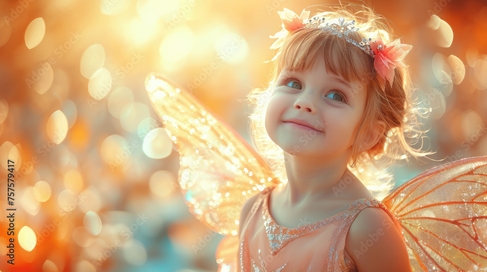Fototapeta premium small beautiful cheerful girl with magic wings in a shiny dress dances on a blurred color background, fairy, child, kid, childhood, dream, portrait, carnival, masquerade, holiday, party