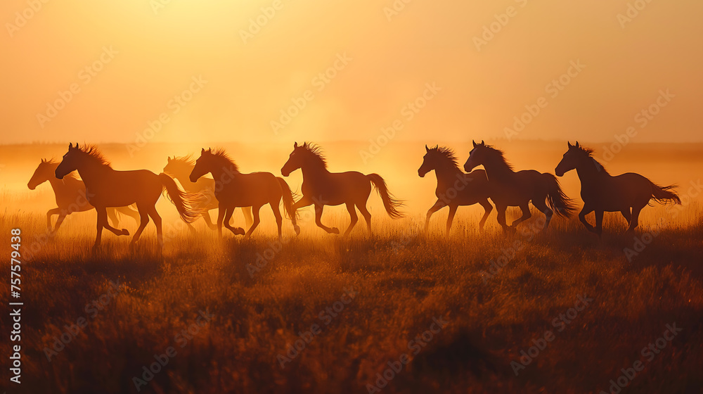 Herd of Horses Running in Majestic Sunset Through the Field Herd of Horses Running in Majestic Sunset Through the Field