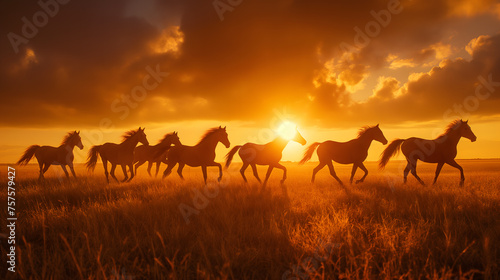 Silhouetted Horses Running at Sunrise in a Misty Field