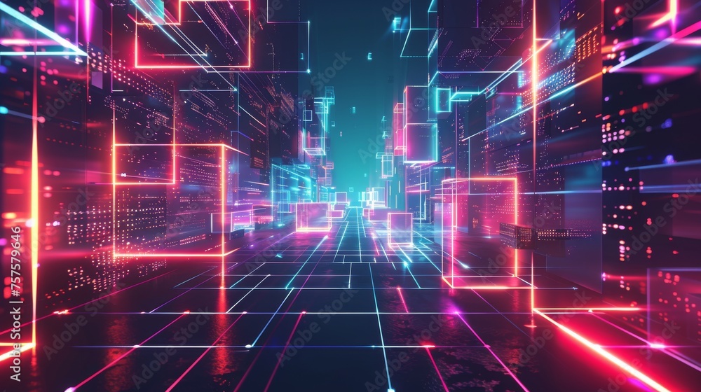 Futuristic digital landscape with neon lights and geometric patterns. Futuristic digital landscape with neon lights and geometric patterns.