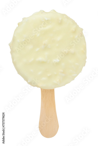 coconut Ice cream bar with white chocolate coating isolated on white background. © kolesnikovserg