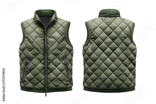 Wallpaper Mural Front and back view of a moss green basic quilted vest template. Insulated for warmth, mockups for design and print, isolated on a white or transparent background.  Torontodigital.ca