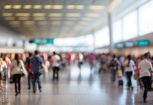 Blurred image of a busy airport terminal, generative AI © Zohaib