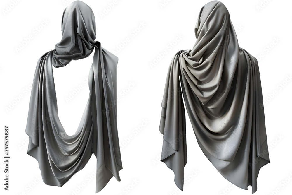 Front and back view of a pearl gray cashmere shawl template. Ultra-soft and warm, versatile for both casual and formal occasions, mockups for design and print, isolated on a white or transparent backg