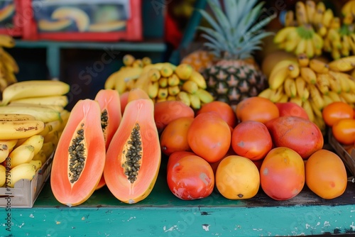 Vibrant tropical fruit array at a local market, featuring papaya and bananas