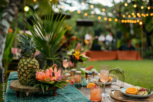 Elegant outdoor party table setting with tropical flowers and background musicians