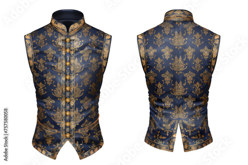 Front and back view of a sapphire brocade waistcoat template. Detailed fabric with button front, mockups for design and print, isolated on a white or transparent background. 