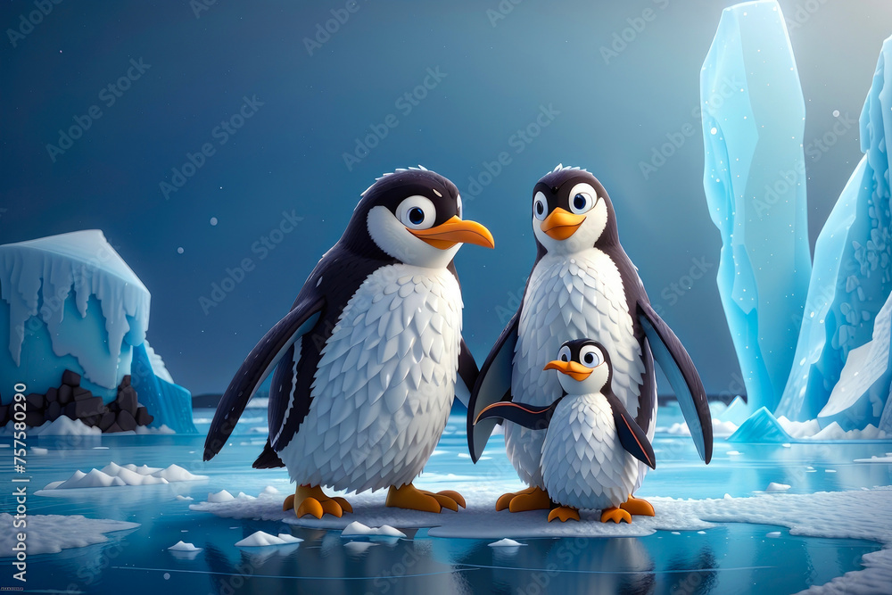 portrait of female penguin with her cub in cartoon style among ice and icebergs - mother's day concept