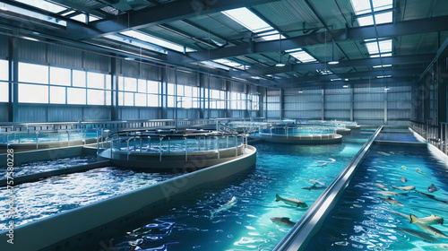 tanks of fish, visible water filtration and oxygenation units, aquaculture concept. photo