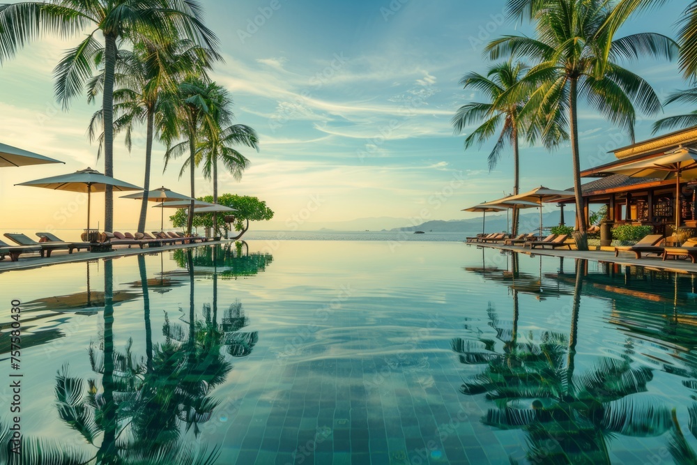 A stunning view of the pool at an exotic resort surrounded by palm trees and sun loungers under umbrellas The sky is clear with soft sunlight reflecting on the water's surface Generative AI