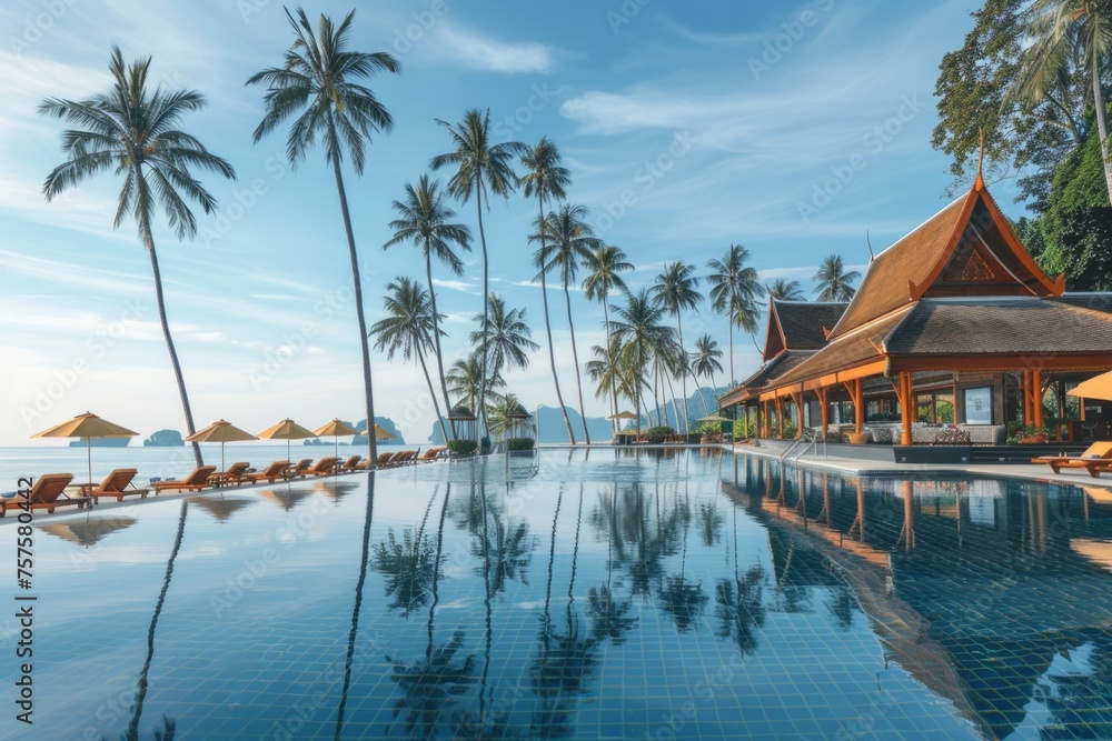 Fototapeta premium A stunning view of the swimming pool at an exotic resort surrounded by palm trees and chairs under umbrellas Generative AI