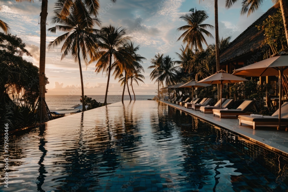 An elegant swimming pool surrounded by palm trees at sunset, with loungers and umbrellas set up along the edge of it Generative AI - obrazy, fototapety, plakaty 