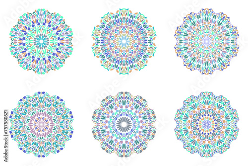 Colorful petal mandala symbol set - circular ornate abstract geometrical vector graphic designs