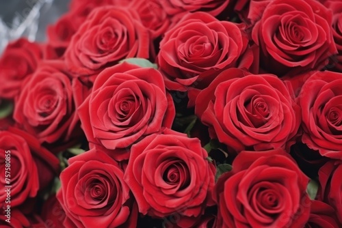 A close-up view of a sumptuous bouquet of red roses  symbolizing deep love and romantic gestures. Close-up of Lush Red Roses Bouquet